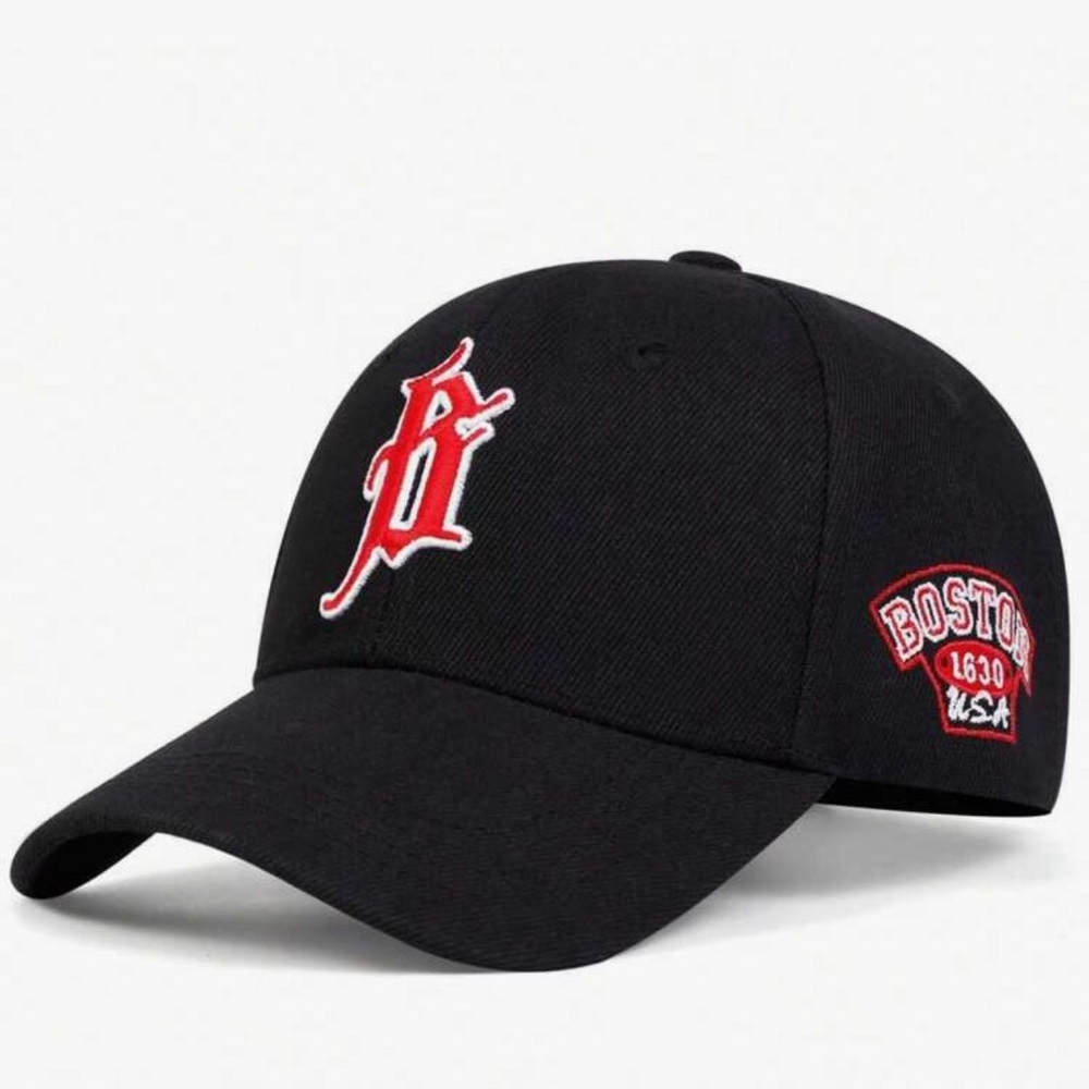 Boston Embroidered Baseball Cap, Black Adjustable Hat, Vintage Style